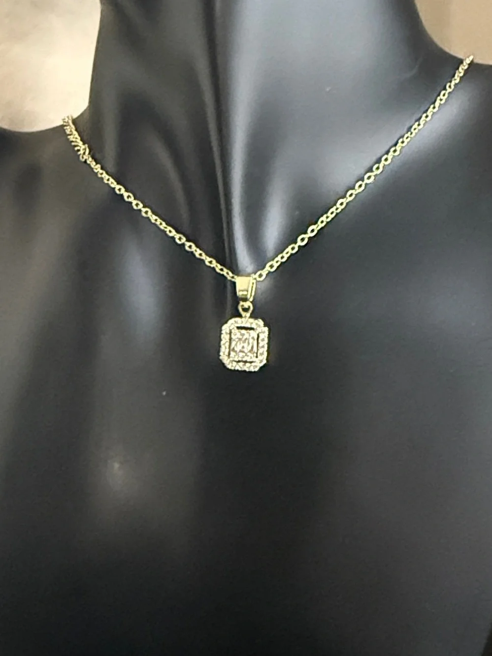 18K Gold Plated CZ Emerald Cut Pendant Necklace 16-18”